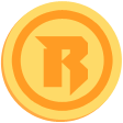 Gold coin with a stylized letter R in the center.