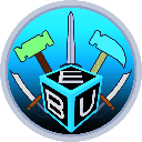 A blue 3D cube with letters on its faces, positioned behind a crossed hammer and pickaxe with a sword rising vertically.