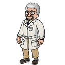 A cartoon scientist with gray hair and glasses wearing a white lab coat standing with a serious expression.