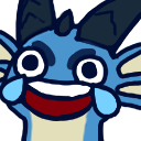 A blue dragon creature with a wide, manic grin and bulging eyes laughing.