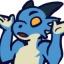A blue dragon-like creature shrugging with its arms raised and a confused facial expression.