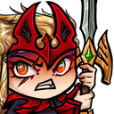A chibi warrior with a red helmet and glowing eyes holding a sword with an angry expression.