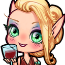 An anime-style elf with blonde hair and green eyes smiling while holding up a glass of red wine.