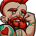 A bearded man with red hair and a heart tattoo on his arm flexes his bicep.