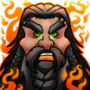 A bearded warrior with glowing green eyes and a furious expression surrounded by orange flames.