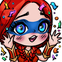 Anime girl with red hair and a blue mask cheering with her hands up amidst falling colorful confetti.