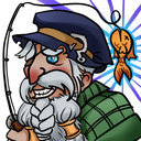 A bearded man in a cap wearing a smug expression while holding a glowing fish.