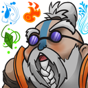 An old man with a long white beard and purple glasses looking surprised with elemental symbols floating behind him.