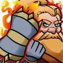 A bearded man with a determined expression winding up his arm for a punch with fire effects in the background.
