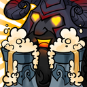 A horned warrior with glowing yellow eyes holds up two overflowing mugs of beer in a celebratory toast.