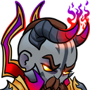 A grey-skinned demon with glowing yellow eyes and horns looking down with a mischievous expression.
