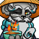 A gray creature with a straw hat calmly sips from a steaming bowl with a focused expression.