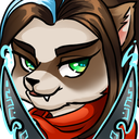 A smug cat with green eyes and sharp teeth framed by glowing blue energy blades.