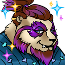 A stylized bear with purple fur and a beard winks while surrounded by colorful, glowing sparkles.
