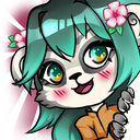 Panda character with teal hair and pink flowers waving happily.