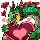 A green dragon with a friendly expression holding a large pink heart with smaller hearts floating nearby.