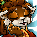 Anthropomorphic brown animal with closed eyes and a peaceful smile in a meditative pose.
