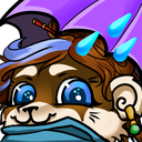 A furry creature with large blue eyes looking up at a purple umbrella with blue raindrops.