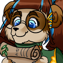 A cute brown bear wearing glasses and a green scarf holding a rolled parchment scroll.