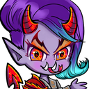 A purple demon character with horns and orange eyes gives a mischievous, toothy grin.
