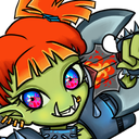 Green-skinned character with orange hair and bright eyes holding a large spiked axe.