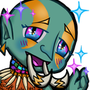 A blue-skinned creature with tusks winks with one eye while surrounded by colorful sparkles.