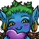 A blue creature with green hair and fangs holding a purple heart with a shy, blushing expression.