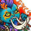 A blue-skinned fantasy creature with tusks and a purple mohawk looking furious with an orange anger vein symbol above its he…