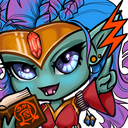 A blue-skinned chibi mage with purple hair grins while holding a spellbook and pointing at a floating orange lightning bolt.