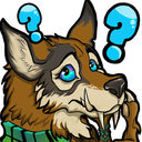 A brown wolf-like creature with fangs and blue eyes looking confused with two blue question marks floating above its head.