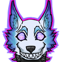 A stylized wolf head with glowing purple eyes and a wide, sharp-toothed grin.