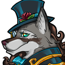 A stylized wolf wearing a blue top hat with a red rose, looking to the side with a smug expression.