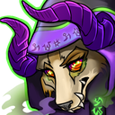 A horned beast with glowing eyes and a purple hood smirking with a sinister expression.