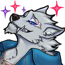 Anthropomorphic wolf with gray fur and a blue collar looking upward with a smug, confident grin and sparkling effects.