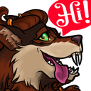 A brown wolf creature with a wide, toothy grin and tongue out, next to a red speech bubble that says Hi!.