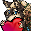 An anthropomorphic wolf character holding a large red heart with a gentle expression.