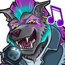 A gray wolf with a blue and purple mohawk singing passionately into a microphone with musical notes floating nearby.