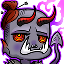 A gray creature with red horns and fangs looking down with a bored and judgmental expression.