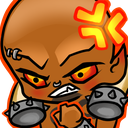 A brown-skinned character with glowing eyes and spiked wristbands showing an angry expression with a red anger symbol.