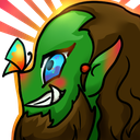 Green-skinned orc character with a wide, mischievous grin and blue eyes looking to the side.
