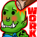 A green tusked creature with a nose ring and hammer tattoo getting hit on the head by a wooden club against a bright red bac…