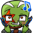 A green, tusked character with a star on its face holds two drumsticks and smiles while musical notes float nearby.