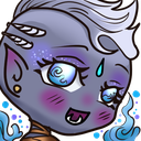 A fantasy character with purple skin and white hair blushing with glowing blue eyes.