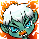 A green-skinned creature with white hair and bright blue eyes snarling with sharp fangs against a fiery orange background.