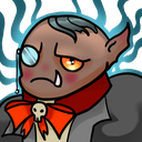 A brown-skinned monster with a monocle and orange bow tie looking annoyed and judgmental.