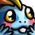 A blue creature with large yellow eyes and rosy cheeks holding its hands up to its face in a shy expression.