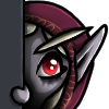 A dark-skinned elf with glowing red eyes peeking from behind a gray wall.