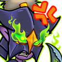 A masked character with glowing green eyes and an angry expression, surrounded by a red rage symbol.
