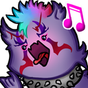 A purple furry creature with a rainbow mohawk and spiked collar screaming with a musical note icon nearby.