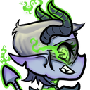 A purple demon character with horns and glowing green eyes wearing a mischievous, wicked grin.
